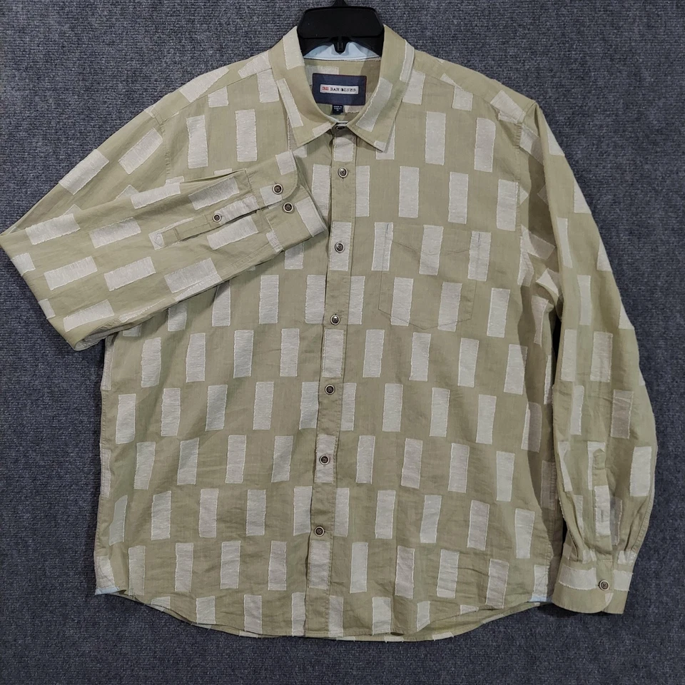 Camisa 32 Bar Azul Para Hombre XL Manga Larga Verde Algodón Seda Estampado Geométrico Foto 2 de 4