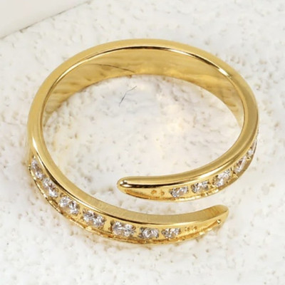 Gold Tone Open Wrap Band Ring Size 8 Clear Round Crystal Stones White