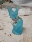 Fenton Blue Satin Glass Cat Figurine Hand Painted Floral Signed 5”