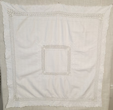 Vintage Table Topper 35" Square White Linen Handmade Lace and Embroidery Elegant