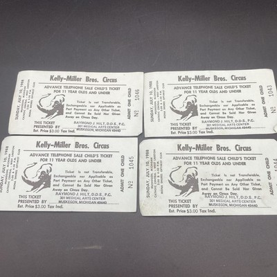 Lot Of (4) Vintage Child Ticket Voucher Coupon Kelly Miller Bros. Circus 1988