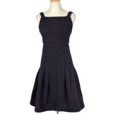Chanel Sleeveless Tweed Dress Flare Pleated Button Size 36 Used