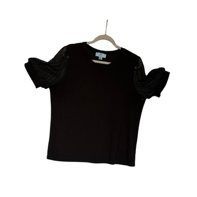 CeCe Black Sweatshirt XL Puff Sheer Sleeve Top Casual Chic Stretch WomenPullover