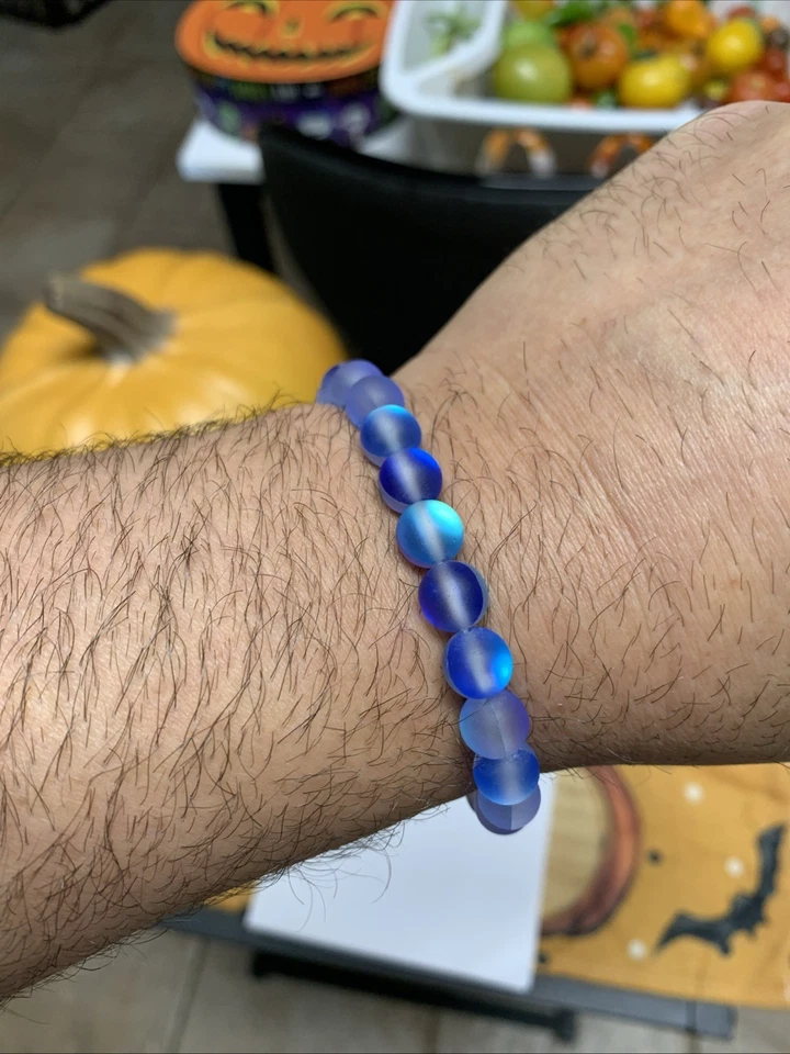 8mm Blue Mystic Aura Quartz Gemstone Frosted Titanium 6.5" Stretchy Bracelet - Image 2 of 3