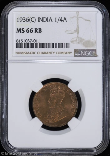 1936-(C) India 1/4 Anna NGC MS 66 RB | Uncirculated UNC BU