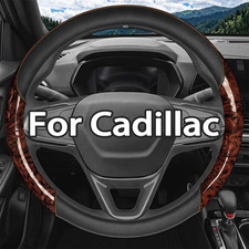 For Cadillac Car Steering Wheel Cover Nappa Leather Anti-skid Peach Wood Brown