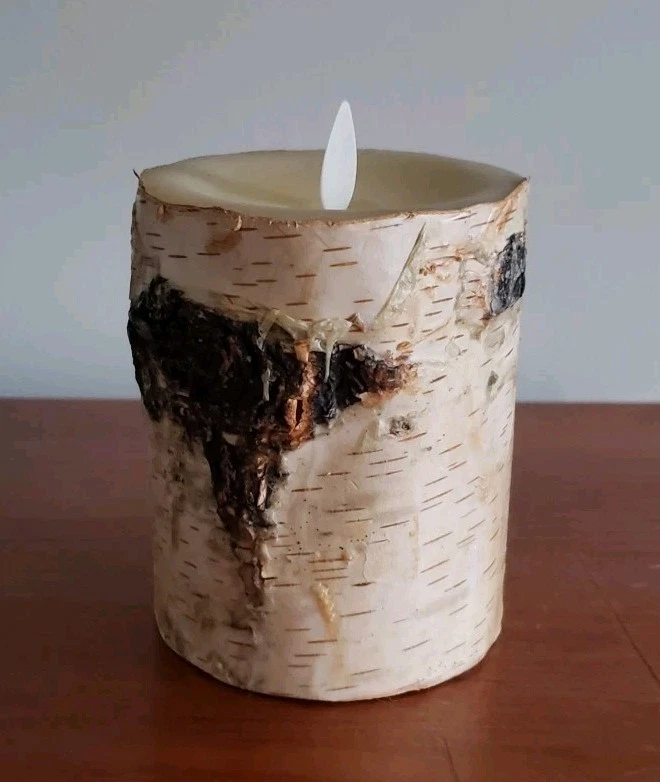 Luminara Vela Pilar Llama Móvil Sin Llama Corteza de Abedul Real LED Temporizador de Batería Foto 4 de 4