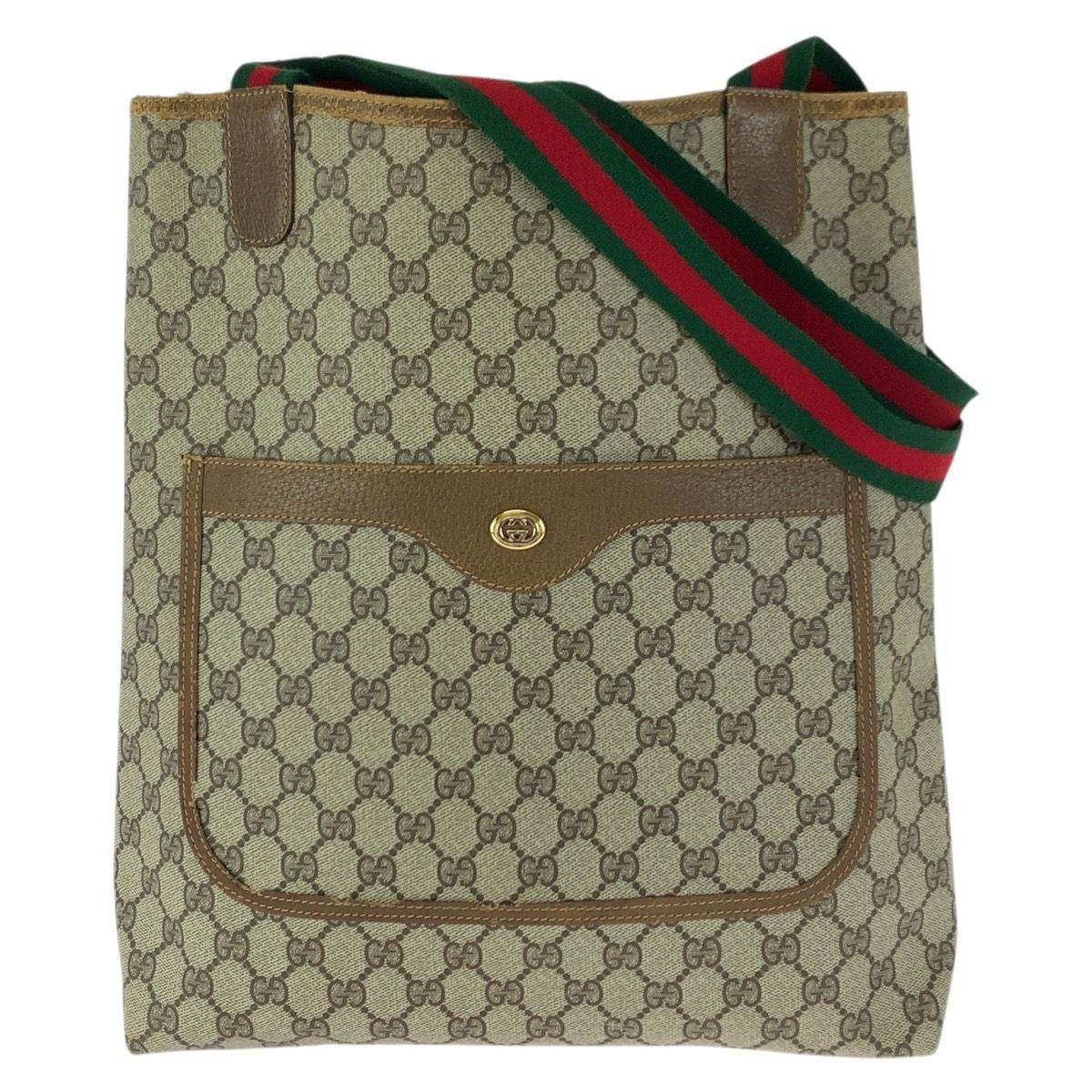 GUCCI Vintage Sherry Line Tote Bag Beige Brown GG Supreme Canvas Leather Women