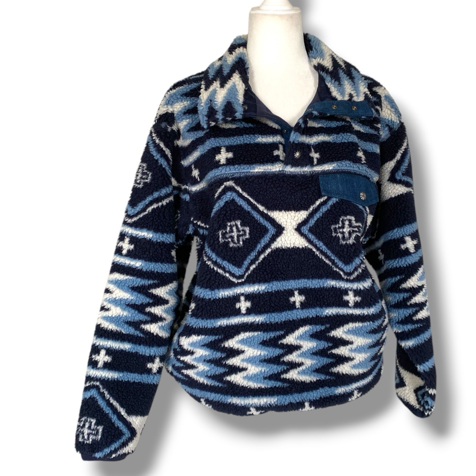 New Polo Ralph Lauren X Naiomi Glasses Navajo Print Fleece Pullover Sz M Blue image 10