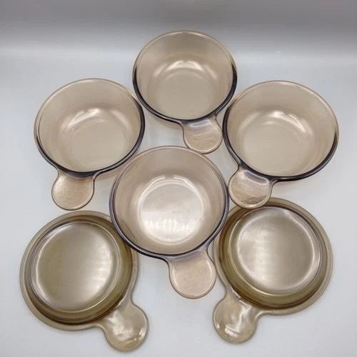 VTG PYREX Corning Ware Two  VISION Amber Grab It & Go Dish V-150-B Bowls & Lids