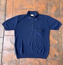 Vintage 50s Manhattan Knit Poly Short Sleeve Collard Button Shirt Medium Blue