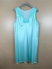 VTG 70s Vanity Fair Nightgown Aqua Antron III Nylon Lace V-Neck Sleeveless XL