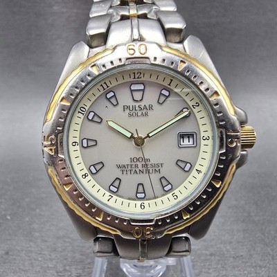 Seiko Pulsar Solar Dive Watch Men 38mm Gray Dial TwoTone Titanium V145-0C20 Runs