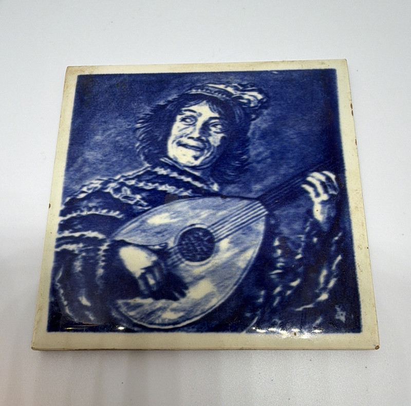 Blue & White Glazed Ceramic Musician Tile, Square Wall Decorative Accent