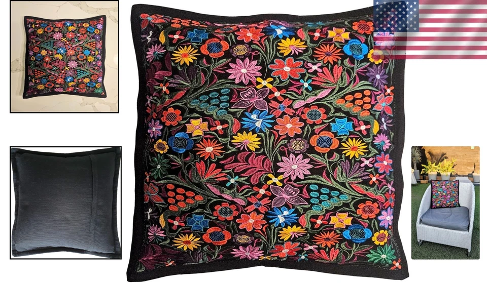 Funda de Almohada Negra Única 20"x20" con Bordado Floral Chiapas - Decoración Informal Foto 2 de 4