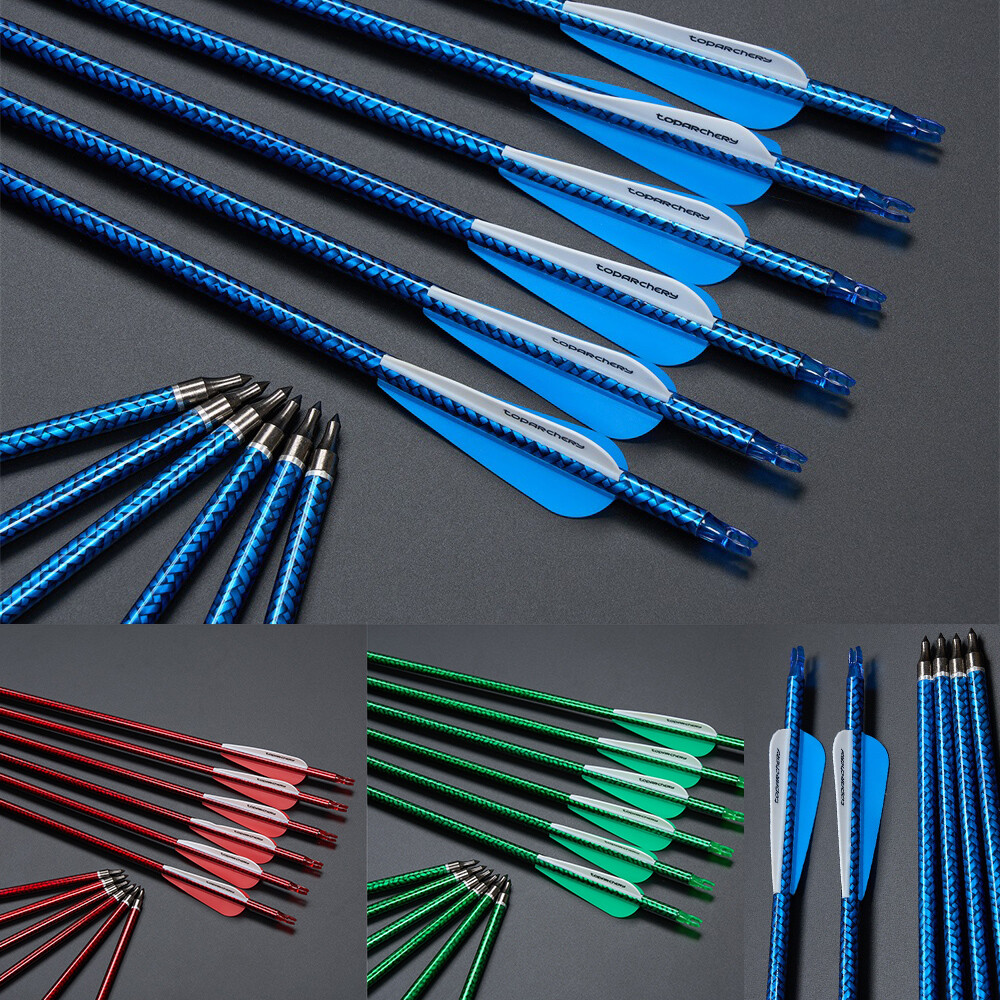 Carbon Arrow Set For Archery - 12PC Spine 500 With Removable Tips For Compound & Recurve Bows