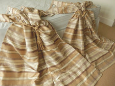 Mostyns Pair Curtains Eyelet Lined 67.5"D x 65"W Faux Silk Gold Oyster Striped