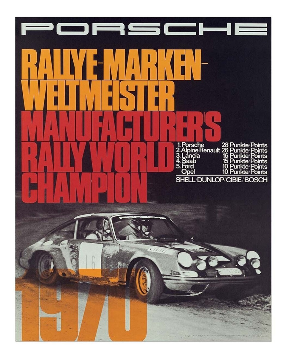 Porsche 1970 Rally Car World Champion Wall Art Poster - 12X16