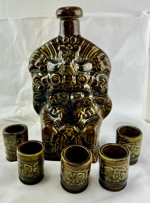 Vintage Mayan Aztec Figural Flask Decanter with 5 Shot Glasses Set C4A