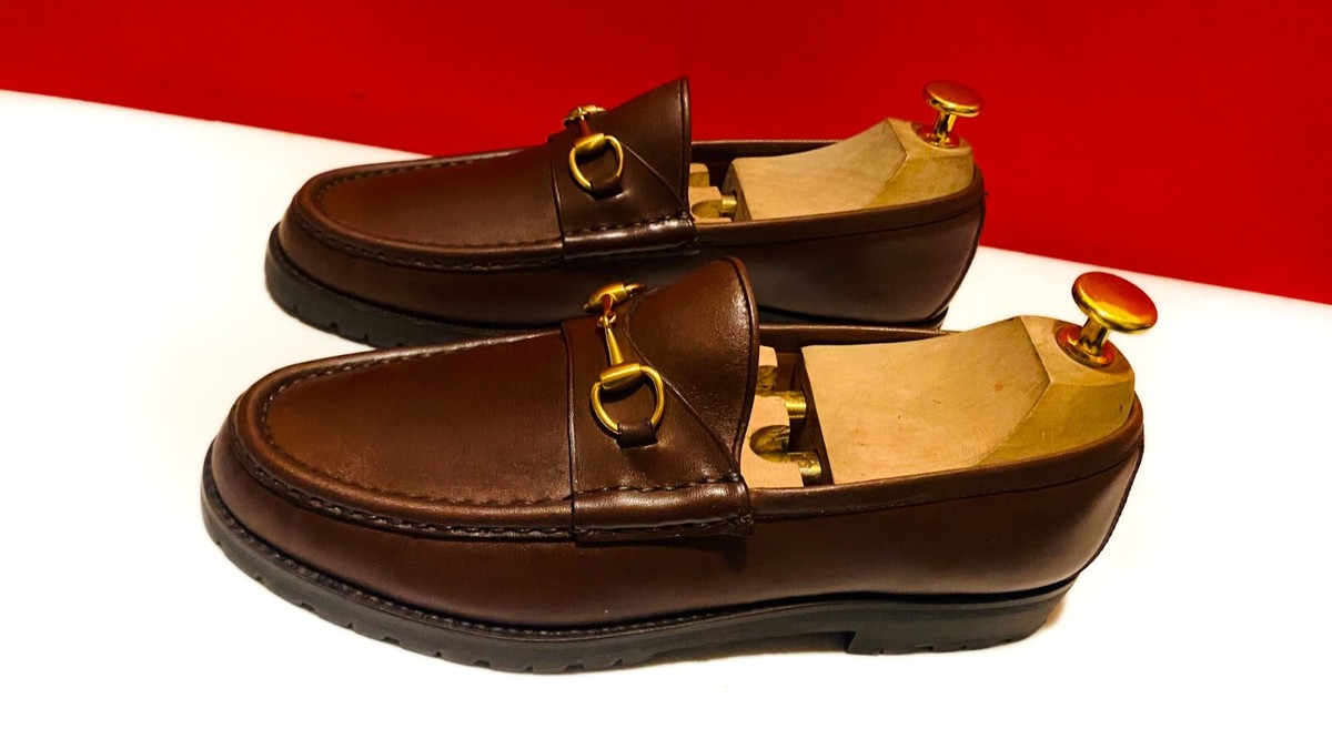 849.00 !! GUCCI RARE WOMEN BROWN GENEGUM LOAFERS GOLDEN BITS SHOES