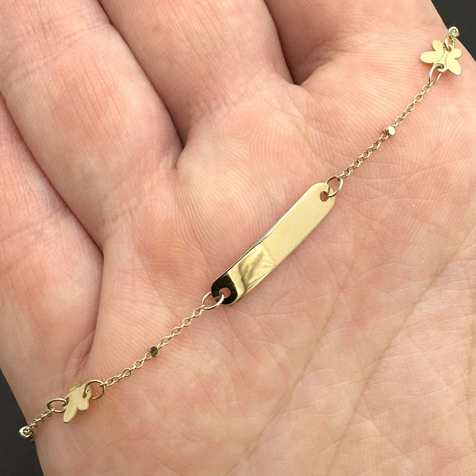 Kids 14K Yellow Gold Custom ID Bar Butterfly Bracelet Solid Links 4.75-5.5" Adj - Image 4 of 4