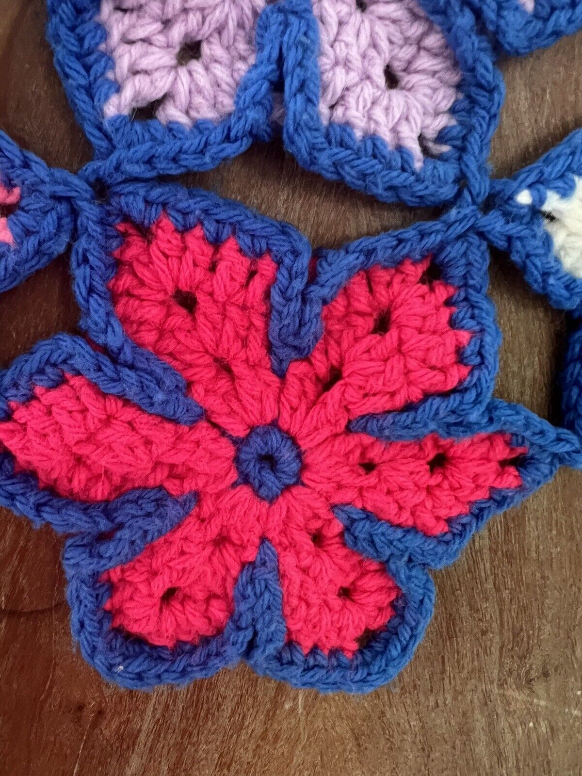 Vtg Crochet Blue Border Star Flower Afghan Granny Square Throw Blanket 60x44