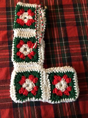 Vintage Christmas Stocking Handmade Crochet Granny Square Red Green White 14 