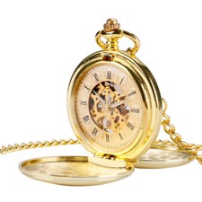 Mens Gold Skeleton Mechanical Pocket Watch Hand Wind Steampunk Double Hunter