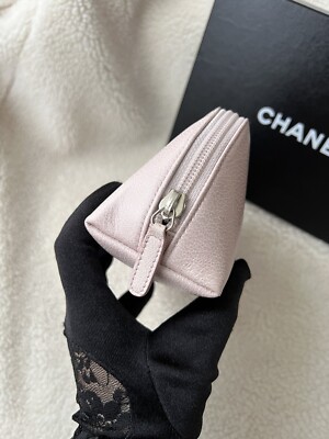 Chanel Pink Camellia Mini CC Logo Cosmetic Pouch w/ Silver