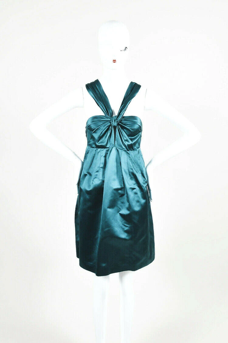 PRADA Abito vita impero verde scuro seta raso raccolto busto senza maniche taglia 38