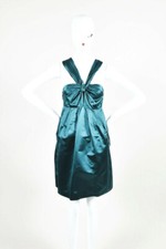 PRADA - Dark Green Silk Satin Gathered Bust Sleeveless Empire Waist Dress SZ 38