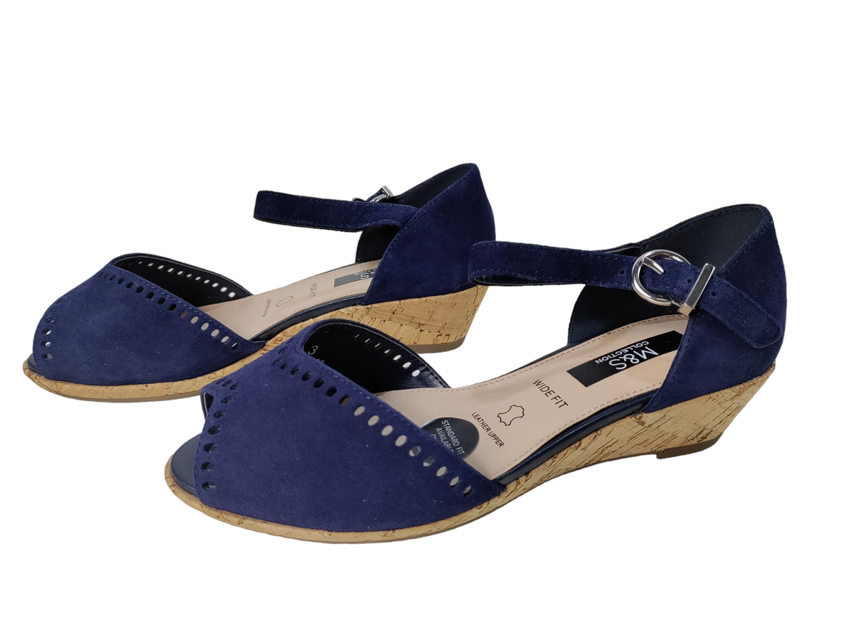 NEW WOMENS M&S UK WIDE FIT NAVY SUEDE LEATHER WEDGE HEEL SANDALS