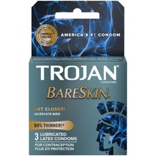 Trojan Bareskin Thinnest Sensitive Premium Lubricated Latex Condoms 3 Pack