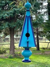 Hand Made Hanging Pyramid Wooden Bird Box Nest Box Turquoise & Blue  INC UK DEL