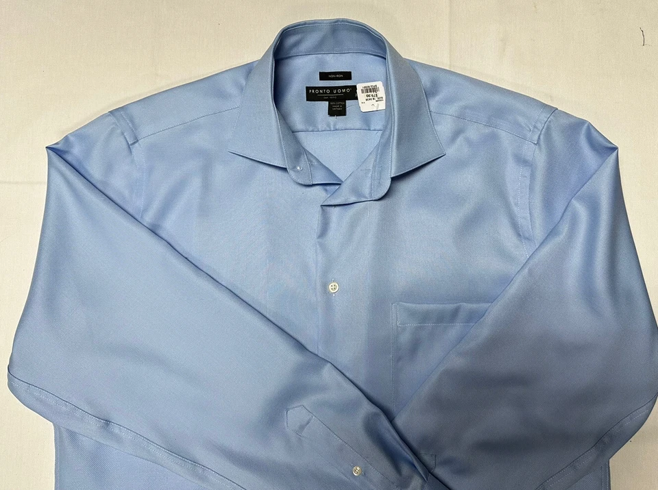 Pronto Uomo Men Dress Shirt 16 34/35 Non Iron Slim  100% Cotton Blue New $79 - Image 2 of 4