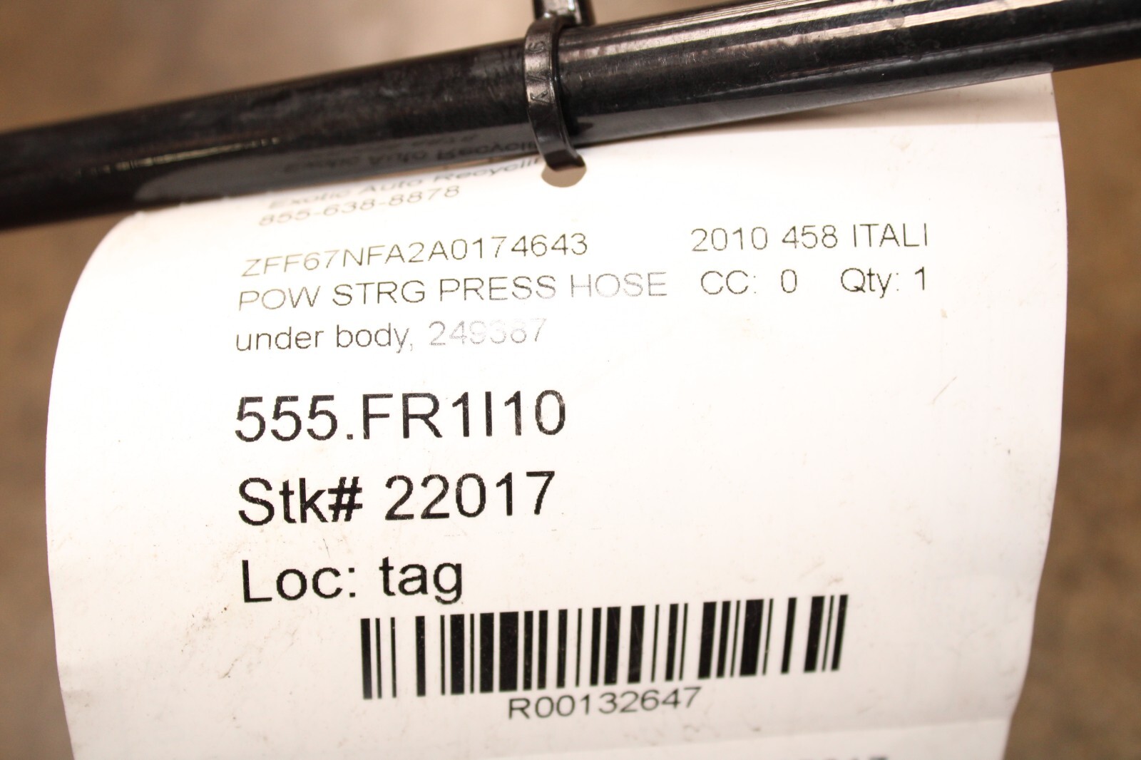 Ferrari 458 Italia, Under Body Power Steering Hose, Used, P/N 249387
