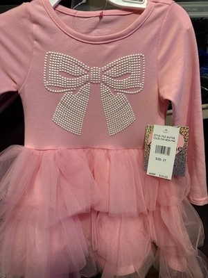 Btween Neon Pink Tutu Dress 2T Girls Long Sleeve Bow Accent Tulle Ruffle