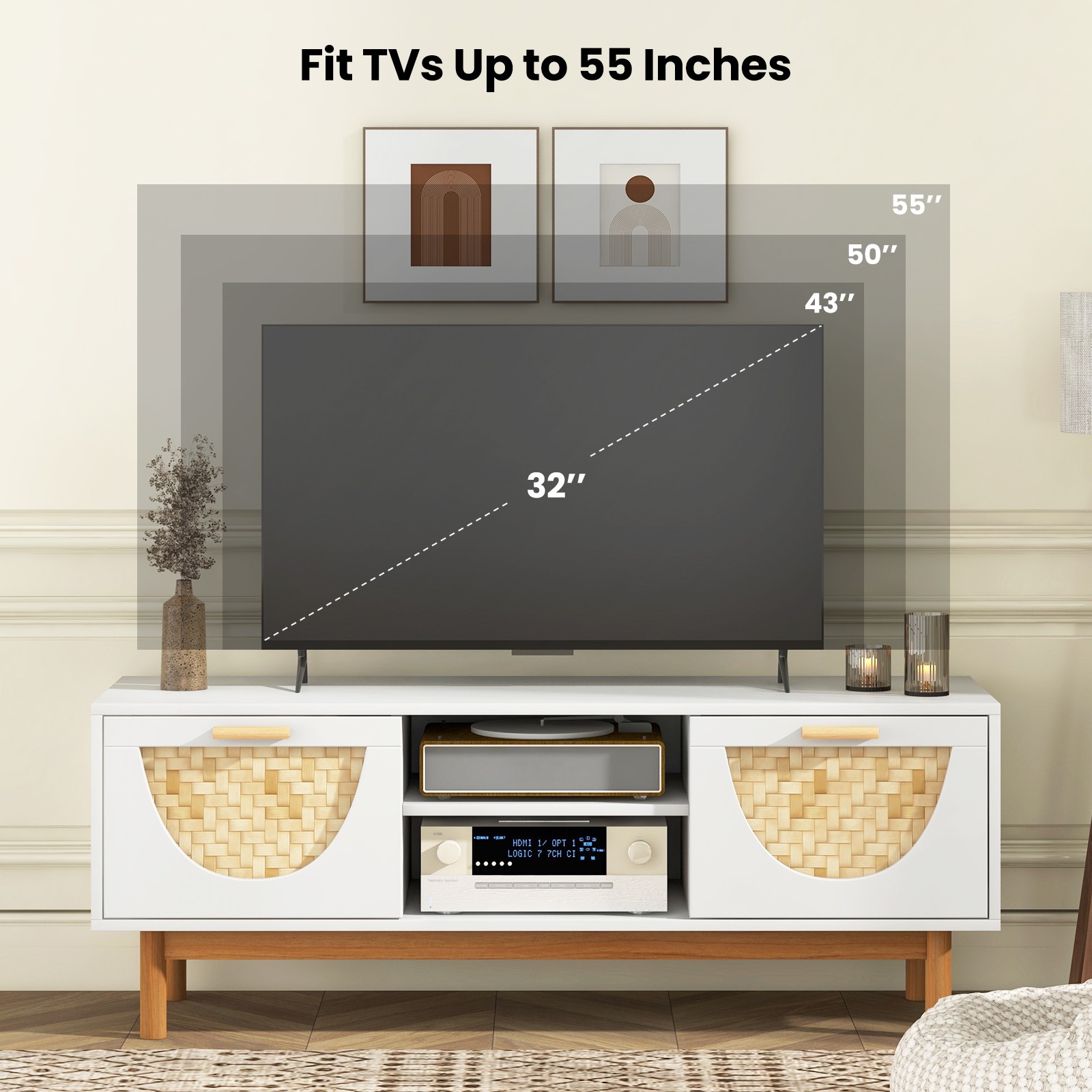 TV Stand for 55-Inch TVs w/ 2 Drawers & Bamboo Woven Fronts Solid Wood Legs
