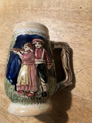 Vintage MINI 3 and 1/2 inch Ceramic Beer Stein/Mug, 2 townsfolk featured