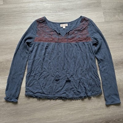 Women's Long Sleeve Cape Juby Boho Blue Red Embroidered Blouse Sz medium