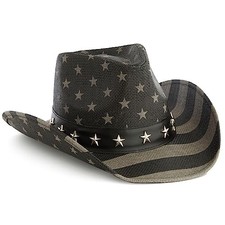USA Straw American Flag Cowboy Hat for Men, Women, Black-grey Stars and Stripes