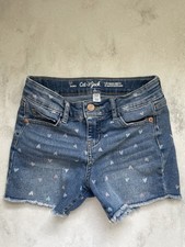 Cat Jack Girls Denim Jean Shorts Size 8 Medium Heart Print, Frayed Hem