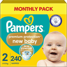 Pampers Premium Protection New Baby Size 2, 240 Nappies, 4Kg - 8Kg, Monthly Pack 0.27 per nappy