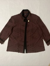 Misook Brown Patterned Jacquard Knit w/Black Trim 1-Button Collared Jacket Sz XL