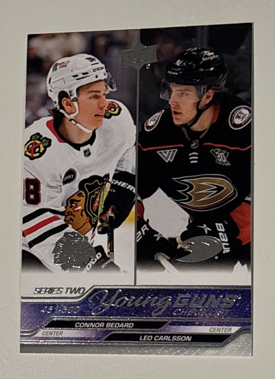 CONNOR BEDARD / LEO CARLSSON 23/24 UDS2 YOUNG GUNS CHECKLIST CARD SP view 1