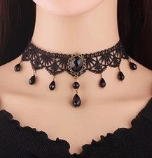 Gothic Victorian Black Lace Choker Necklace Tassel Chain Steampunk New B5137