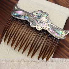 Vtg Alpaca Mexico Abalone Inlay Shell Hair Comb Flower Hearts Brown Plastic
