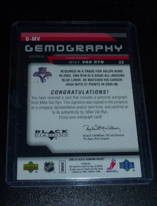 2006-07 Black Diamond Gemography Mike Van Ryn Autographed G-MV Florida Panthers - Image 2 of 2