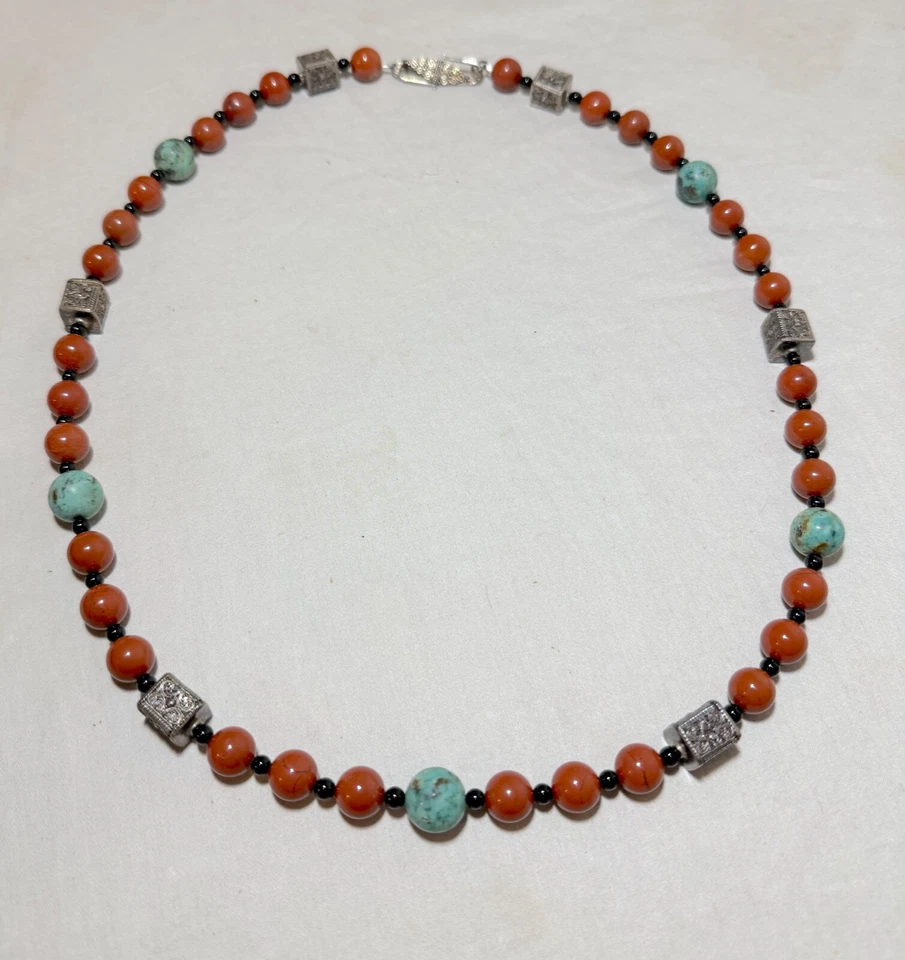Handmade artisan red jasper sterling filigree silver turquoise onyx necklace - Image 3 of 4
