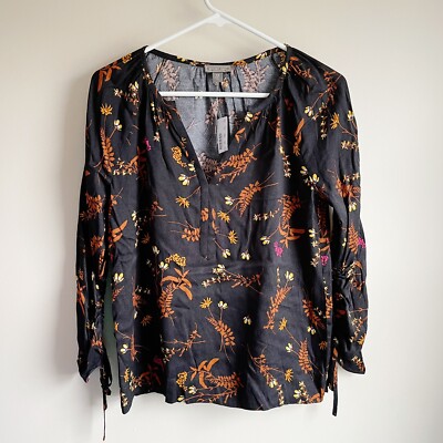 Point Sur J Crew Black Floral Ruched Sleeve Career Blouse Size XS NWT